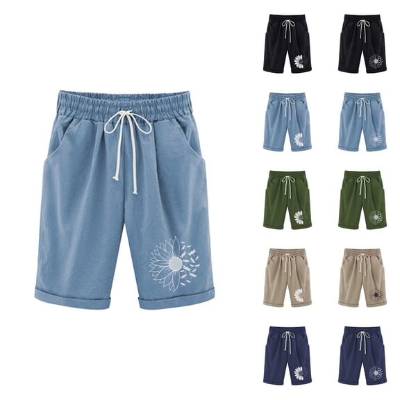 Womens Bermuda Shorts Cotton Linen Sunflower Print Elastic Waistband Pockets Knee Length Bermuda Long Shorts for Women