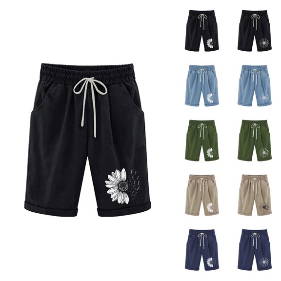 Womens Bermuda Shorts Cotton Linen Sunflower Print Elastic Waistband Pockets Knee Length Bermuda Long Shorts for Women