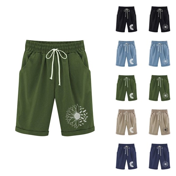 Womens Bermuda Shorts Cotton Linen Sunflower Print Elastic Waistband Pockets Knee Length Bermuda Long Shorts for Women