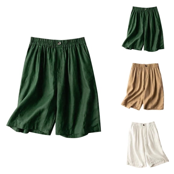Womens Bermuda Shorts Cotton Wide Leg Elastic Waistband Pockets Loose Fit Knee Length Bermuda Long Shorts for Women