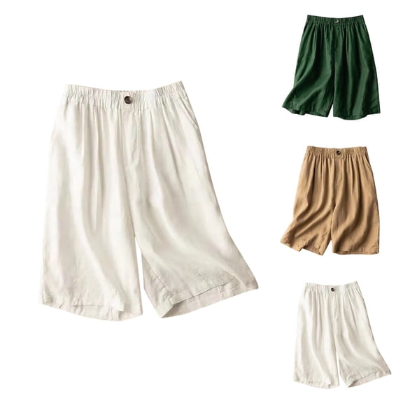 Womens Bermuda Shorts Cotton Wide Leg Elastic Waistband Pockets Loose Fit Knee Length Bermuda Long Shorts for Women