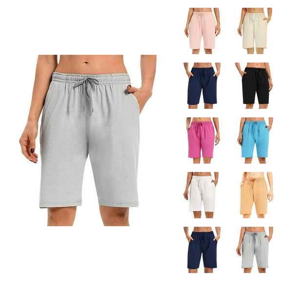 Womens Bermuda Shorts Elastic High Waist Drawstring Pockets Breathable Knee Length Bermuda Long Shorts for Women