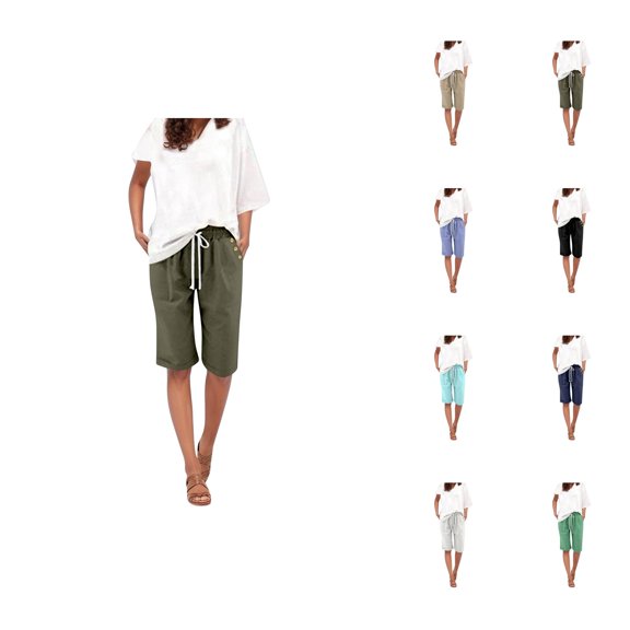 Womens Bermuda Shorts Elastic High Waist Pockets Straight Leg Lightweight Knee Length Bermuda Long Shorts for Women