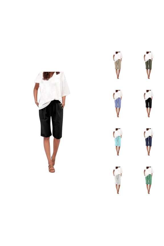 Womens Bermuda Shorts Elastic High Waist Pockets Straight Leg Lightweight Knee Length Bermuda Long Shorts for Women