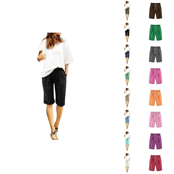 Womens Bermuda Shorts Elastic Waist Pockets Lightweight Loose Knee Length Cotton Linen Bermuda Long Shorts for Women