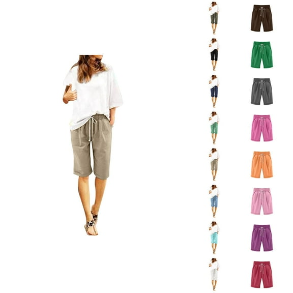 Womens Bermuda Shorts Elastic Waist Pockets Lightweight Loose Knee Length Cotton Linen Bermuda Long Shorts for Women