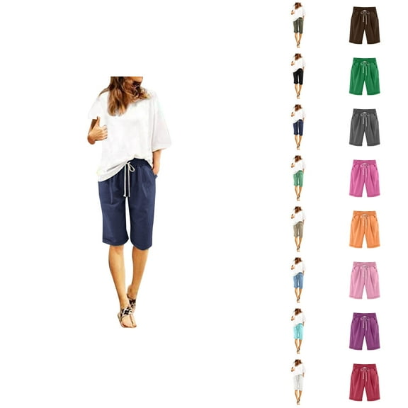 Womens Bermuda Shorts Elastic Waist Pockets Lightweight Loose Knee Length Cotton Linen Bermuda Long Shorts for Women
