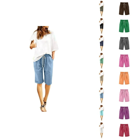Womens Bermuda Shorts Elastic Waist Pockets Lightweight Loose Knee Length Cotton Linen Bermuda Long Shorts for Women