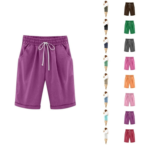 Womens Bermuda Shorts Elastic Waist Pockets Lightweight Loose Knee Length Cotton Linen Bermuda Long Shorts for Women