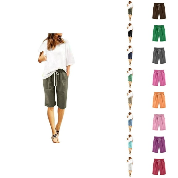 Womens Bermuda Shorts Elastic Waist Pockets Lightweight Loose Knee Length Cotton Linen Bermuda Long Shorts for Women