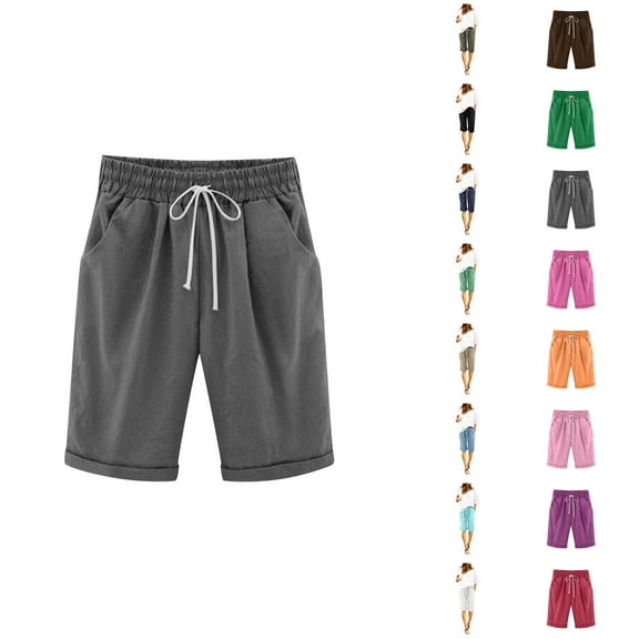 Womens Bermuda Shorts Elastic Waist Pockets Lightweight Loose Knee Length Cotton Linen Bermuda Long Shorts for Women
