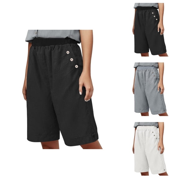 Womens Bermuda Shorts Elastic Waist Pockets Loose Fit Wide Leg Breathable Knee Length Bermuda Long Shorts for Women