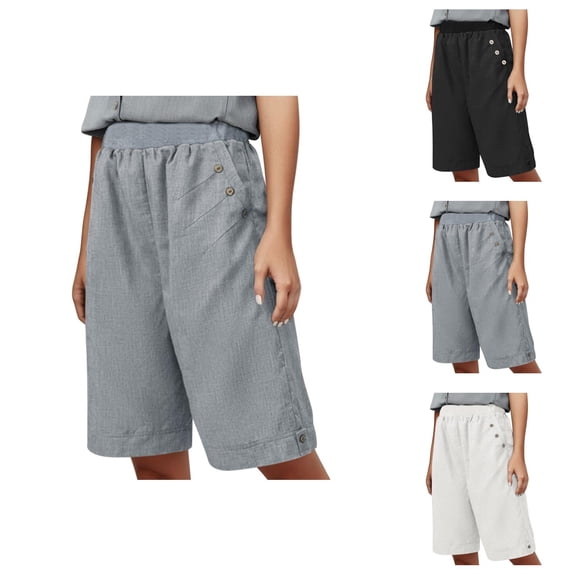 Womens Bermuda Shorts Elastic Waist Pockets Loose Fit Wide Leg Breathable Knee Length Bermuda Long Shorts for Women