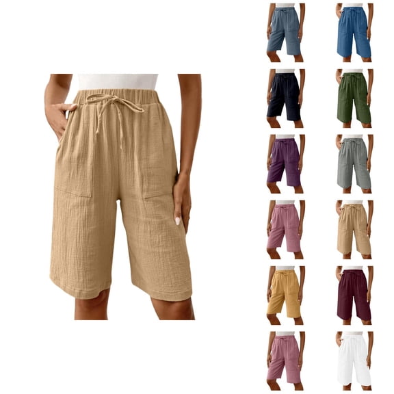 Womens Bermuda Shorts Elastic Waistband Cotton Linen Pockets Loose Wide Leg Knee Length Bermuda Long Shorts for Women