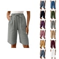 thumbnail image 1 of Womens Bermuda Shorts Elastic Waistband Cotton Linen Pockets Loose Wide Leg Knee Length Bermuda Long Shorts for Women, 1 of 7