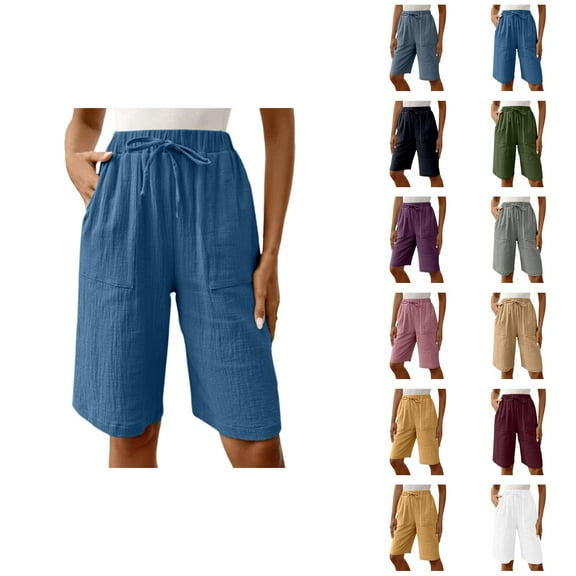 Womens Bermuda Shorts Elastic Waistband Cotton Linen Pockets Loose Wide Leg Knee Length Bermuda Long Shorts for Women