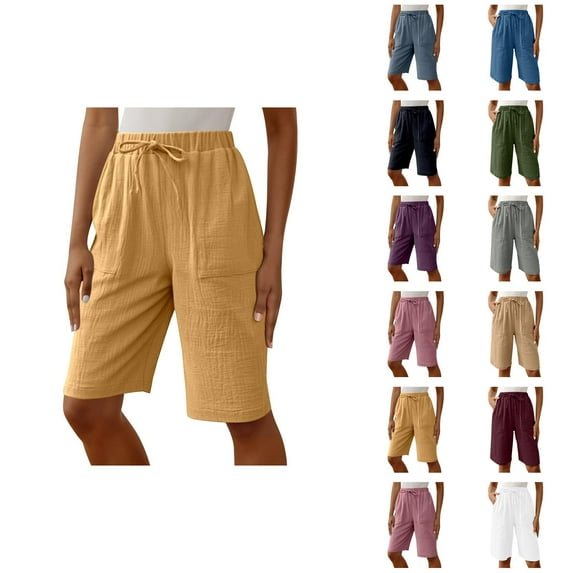 Womens Bermuda Shorts Elastic Waistband Cotton Linen Pockets Loose Wide Leg Knee Length Bermuda Long Shorts for Women