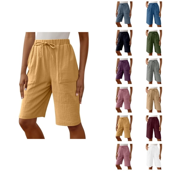 Womens Bermuda Shorts Elastic Waistband Cotton Linen Pockets Loose Wide Leg Knee Length Bermuda Long Shorts for Women
