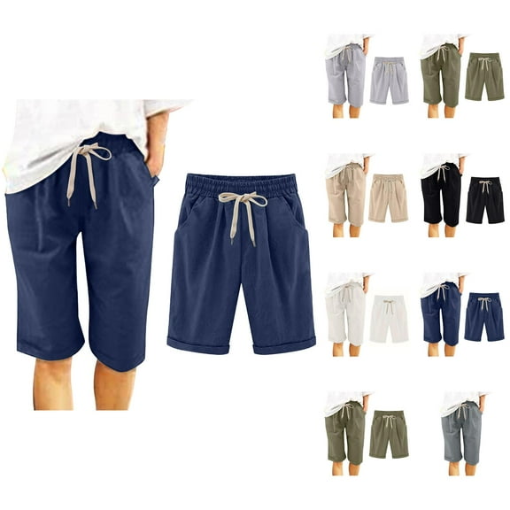 Womens Bermuda Shorts Elastic Waistband Drawstring Pockets Lightweight Knee Length Bermuda Long Shorts for Women