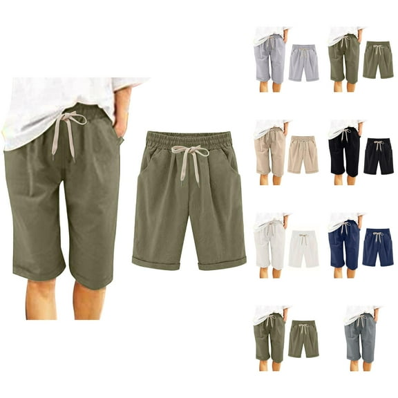 Womens Bermuda Shorts Elastic Waistband Drawstring Pockets Lightweight Knee Length Bermuda Long Shorts for Women