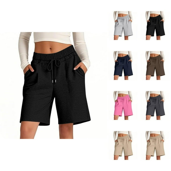 Womens Bermuda Shorts Elastic Waistband Pockets Drawstring Breathable Knee Length Bermuda Long Shorts for Women