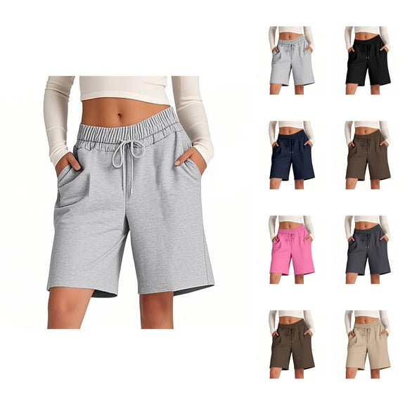 Womens Bermuda Shorts Elastic Waistband Pockets Drawstring Breathable Knee Length Bermuda Long Shorts for Women