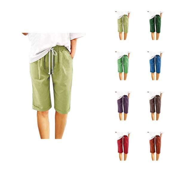 Womens Bermuda Shorts Elastic Waistband Pockets Drawstring Cotton Linen Knee Length Bermuda Long Shorts for Women