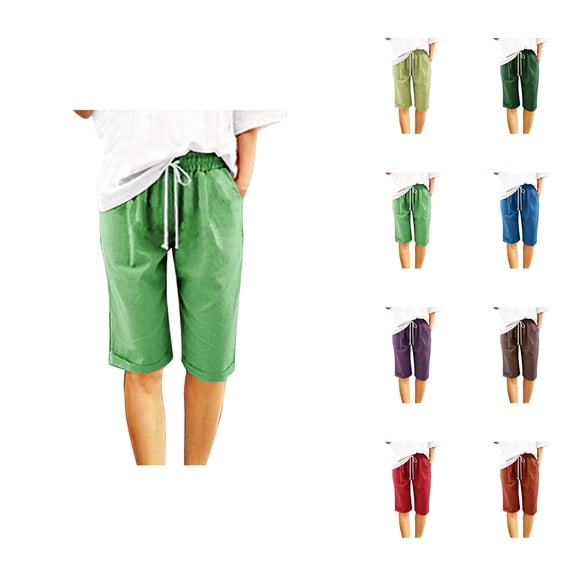 Womens Bermuda Shorts Elastic Waistband Pockets Drawstring Cotton Linen Knee Length Bermuda Long Shorts for Women