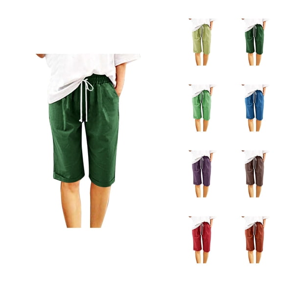 Womens Bermuda Shorts Elastic Waistband Pockets Drawstring Cotton Linen Knee Length Bermuda Long Shorts for Women
