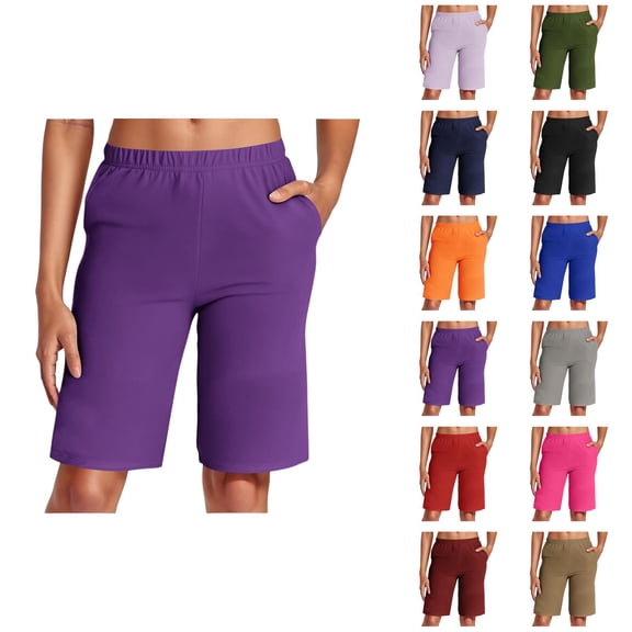 Womens Bermuda Shorts Elastic Waistband Pockets Lightweight Breathable Knee Length Bermuda Long Shorts for Women