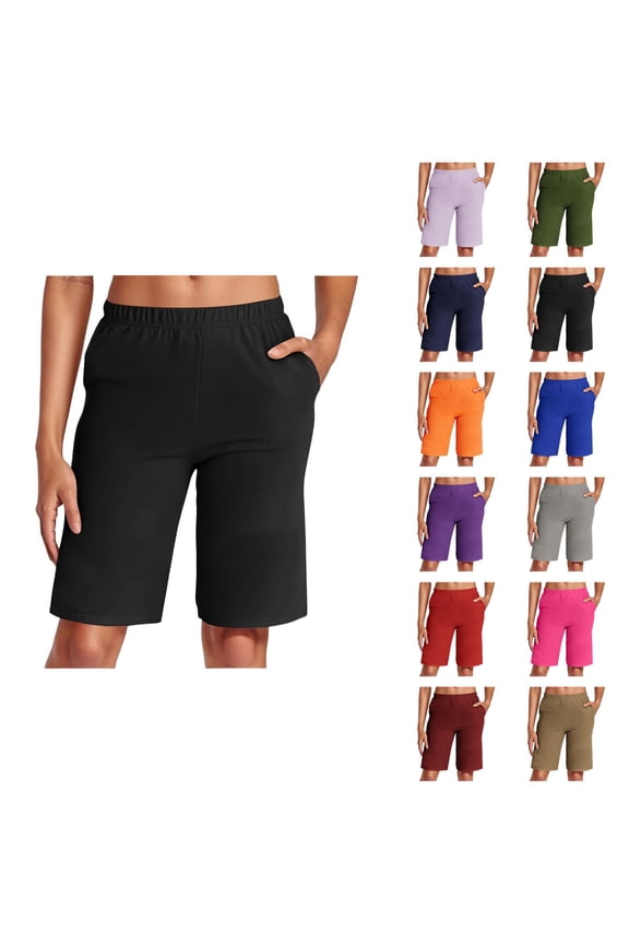 Womens Bermuda Shorts Elastic Waistband Pockets Lightweight Breathable Knee Length Bermuda Long Shorts for Women