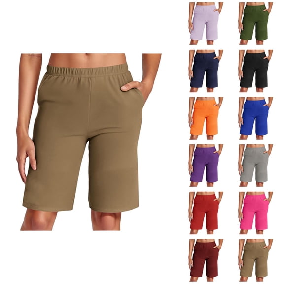 Womens Bermuda Shorts Elastic Waistband Pockets Lightweight Breathable Knee Length Bermuda Long Shorts for Women