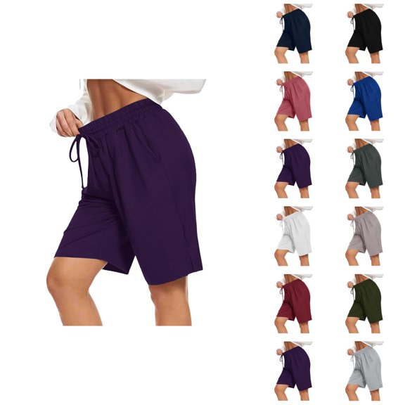 Womens Bermuda Shorts Elastic Waistband with Drawstring Pockets Breathable Knee Length Bermuda Long Shorts for Women