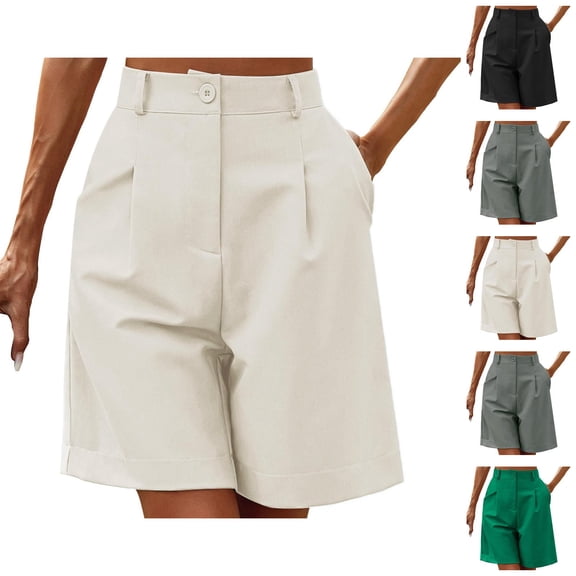 Womens Bermuda Shorts High Waist Loose Fit Wide Leg Pockets Breathable Knee Length Bermuda Long Shorts for Women