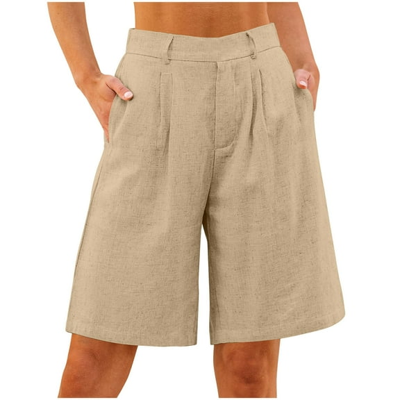 Womens Bermuda Shorts Knee Length Shorts Women Summer Linen Casual Solid Color Loose Straight Shorts with Pockets Five Quarter Pants Elegant Shorts
