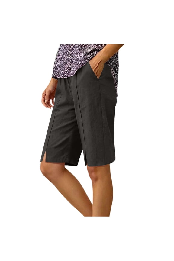 Womens Bermuda Shorts Knee Length Straight Leg Causal Elastic Waist Buttons Side Slit Summer Beach Shorts with Pockets
