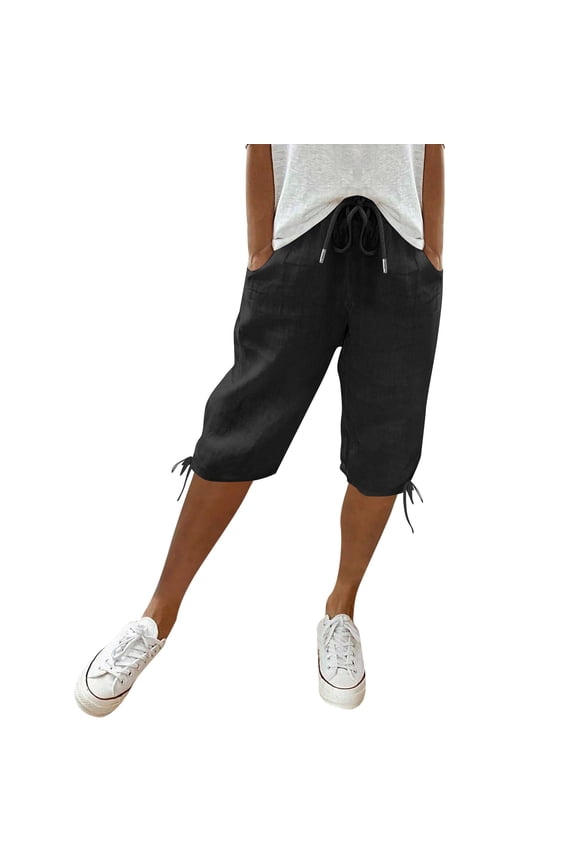 Womens Bermuda Shorts Knee Length Summer Casual Petite Drawstring Elastic Pull On Waist Linen Shorts Pedal Pushers with Pockets Black M