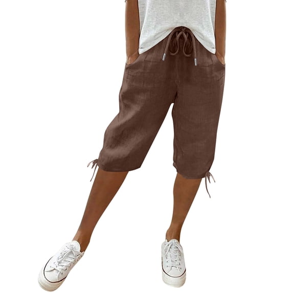 Womens Bermuda Shorts Knee Length Summer Casual Petite Drawstring Elastic Pull On Waist Linen Shorts Pedal Pushers with Pockets Brown M
