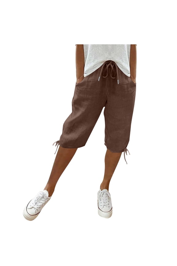 Womens Bermuda Shorts Knee Length Summer Casual Petite Drawstring Elastic Pull On Waist Linen Shorts Pedal Pushers with Pockets Brown XL
