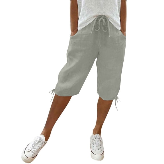 Womens Bermuda Shorts Knee Length Summer Casual Petite Drawstring Elastic Pull On Waist Linen Shorts Pedal Pushers with Pockets Light Gray L