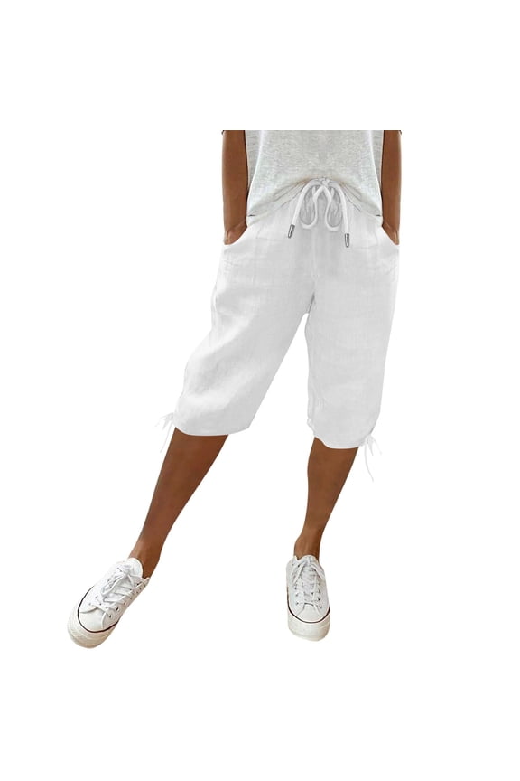 Womens Bermuda Shorts Knee Length Summer Casual Petite Drawstring Elastic Pull On Waist Linen Shorts Pedal Pushers with Pockets White XL