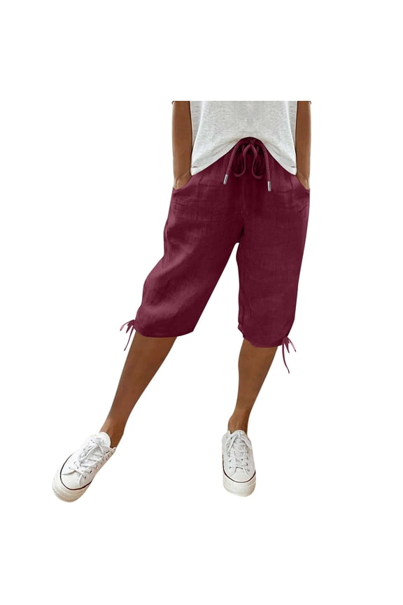 Womens Bermuda Shorts Knee Length Summer Casual Petite Drawstring Elastic Pull On Waist Linen Shorts Pedal Pushers with Pockets Wine M
