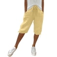 thumbnail image 1 of Womens Bermuda Shorts Knee Length Summer Casual Petite Drawstring Elastic Pull On Waist Linen Shorts Pedal Pushers with Pockets Yellow L, 1 of 7