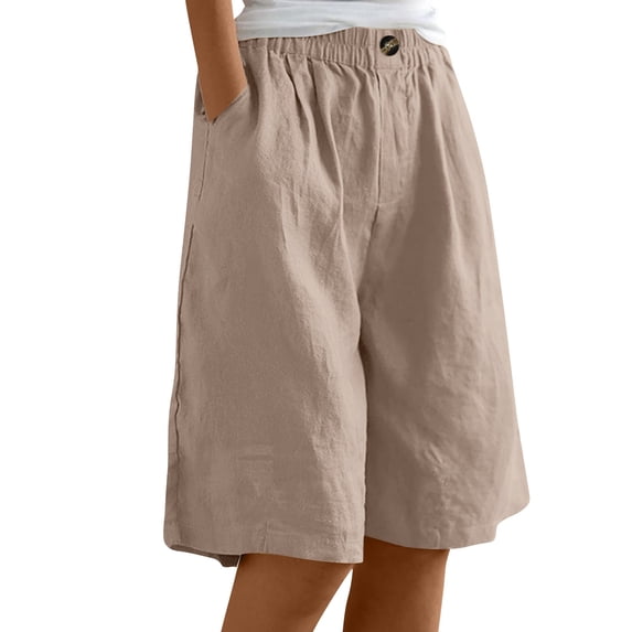 Womens Bermuda Shorts Knee Length Wide Leg Linen Long Shorts with Pockets Summer Casual Elastic High Waist Short Pants Camel XL