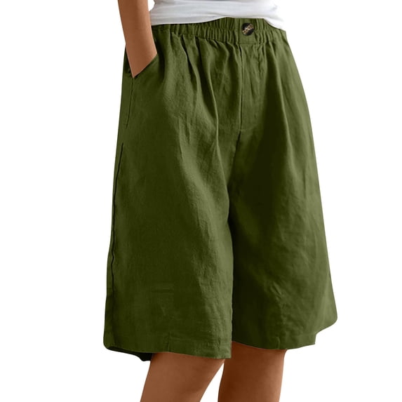 Womens Bermuda Shorts Knee Length Wide Leg Linen Long Shorts with Pockets Summer Casual Elastic High Waist Short Pants