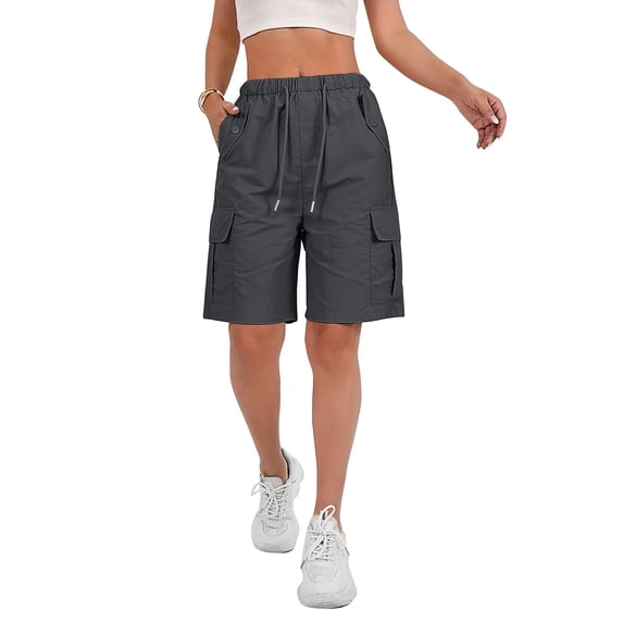 Womens Bermuda Shorts Knee Length Wide Leg Long Cargo Shorts with Multi Pockets Summer High Waisted Hiking Short Pants Dark Gray 2XL
