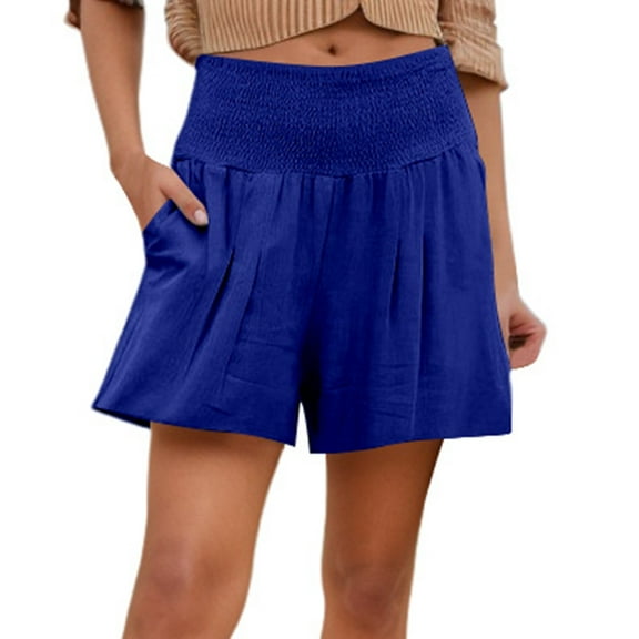 Womens Bermuda Shorts Summer Solid Color High Waist Elastic Waist Wide Leg Summer Casual Beach Shorts with Pockets S-5XL