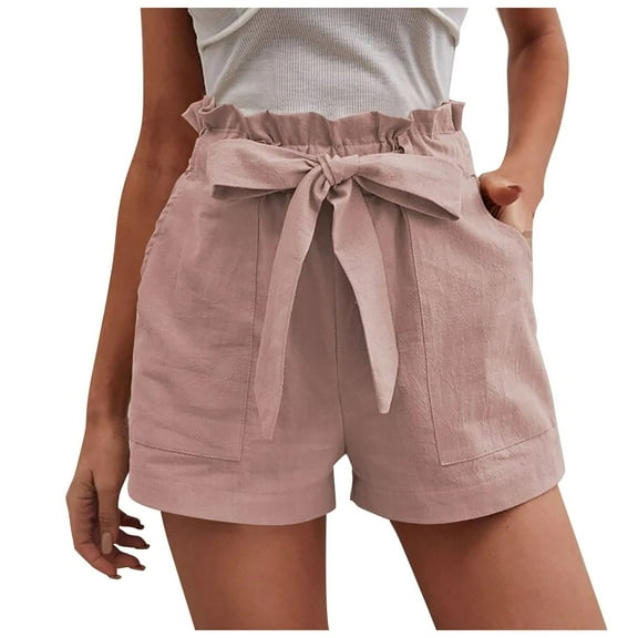 Womens Bermuda Shorts for Bowknot Belted Casual Elastic Summer Beach Loose High Waisted Short with Pockets S-2XL