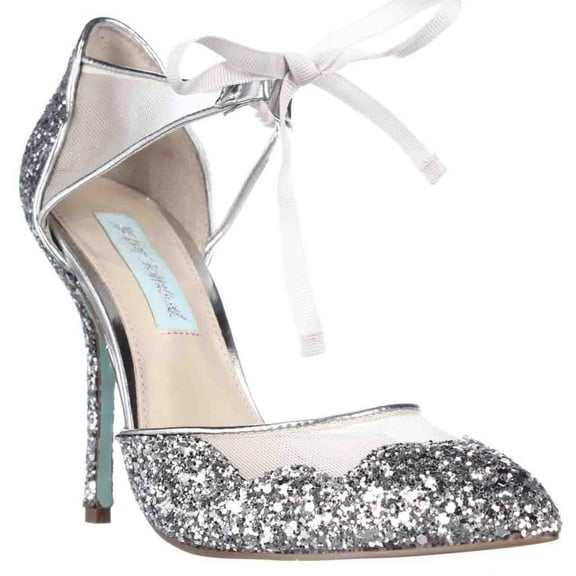 Womens Betsey Johnson Stela Pointed Toe Ankle Tie Glitter Dress Pumps - Silver Glitter