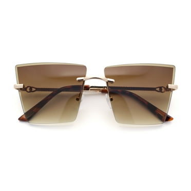 Womens Beveled Large Square Rectangle Rimless Cat Eye Luxury Sunglasses Gold - Brown